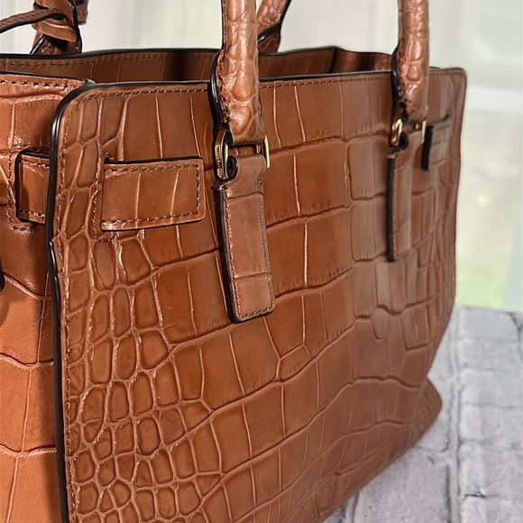 Michael Kors Dillon Satchel Croc Embossed Leather Shoulder Cognac Tan Purse Bag - Picture 14 of 16